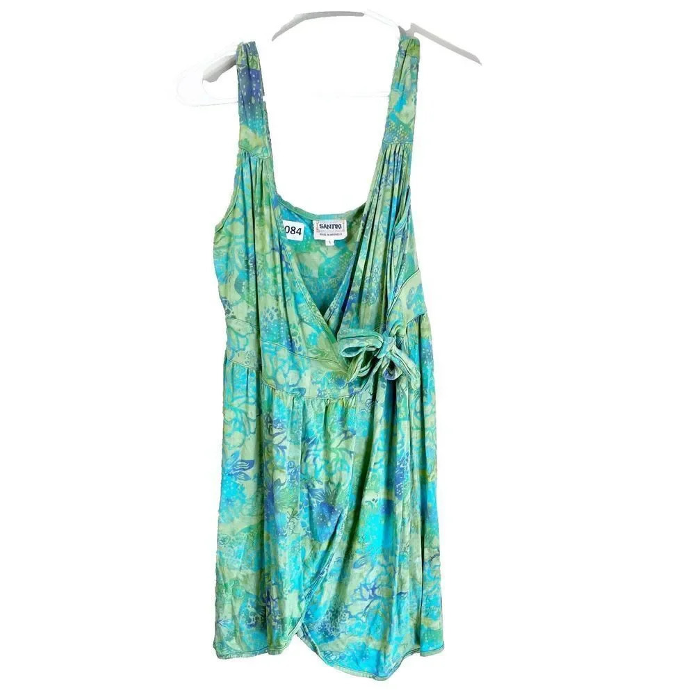 Vtg Santiki Womens Green Wrap Dress Large Floral Sleeveless Tie Waist Pleated